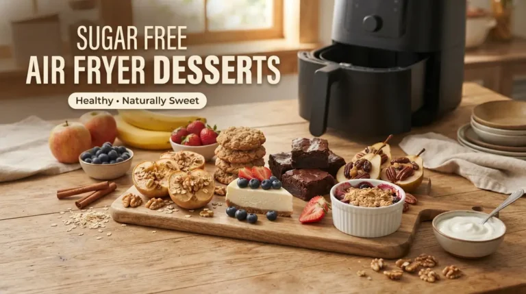 Sugar-free air fryer desserts including baked apples, brownies, cookies, and cheesecake with fresh fruit on wooden board