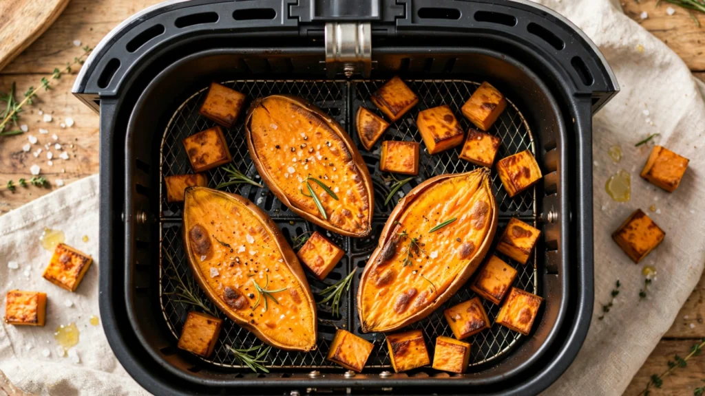 Sweet potatoes in air fryer shown whole, cubed, and as crispy fries