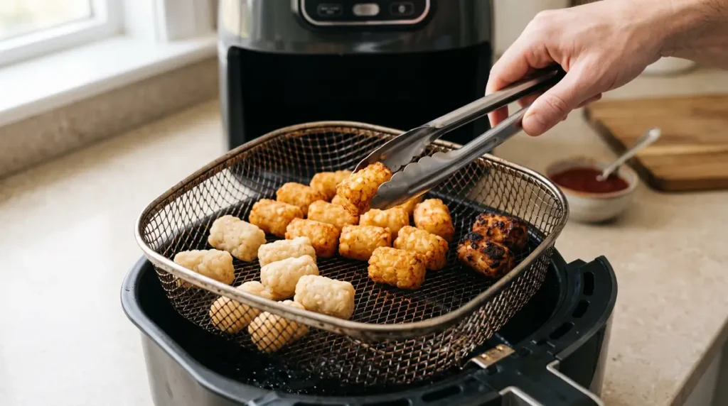 Hand using tongs to lift a cooked tater tot from an air fryer basket filled with tater tots