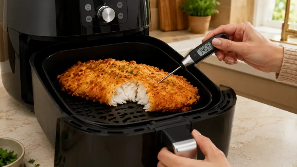 Hand measuring temperature of breaded fish fillet in black air fryer with digital thermometer