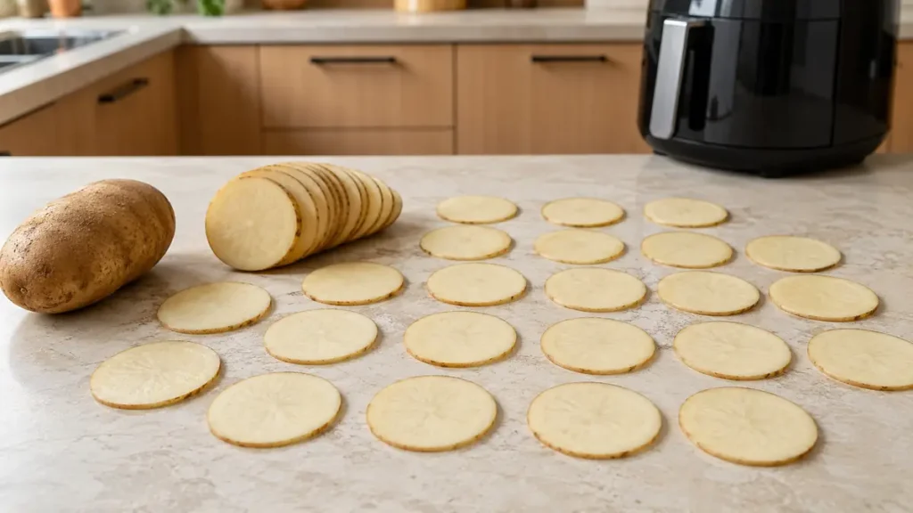 Thinly sliced potato slices laid out on countertop with whole potato and air fryer in background