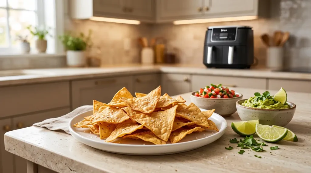 Air Fryer Tortilla Chips (Crispy & Easy Homemade) 2 Tortilla chips on a white plate with salsa and guacamole in small bowls on a kitchen counter
