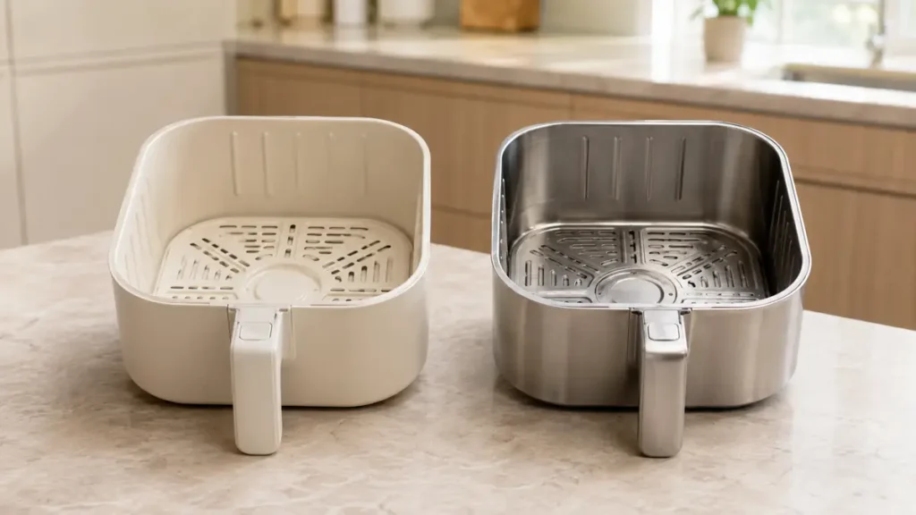 Ceramic Air Fryer Guide: Materials, Coatings & Buying Tips 2 Two different air fryer baskets on a countertop.