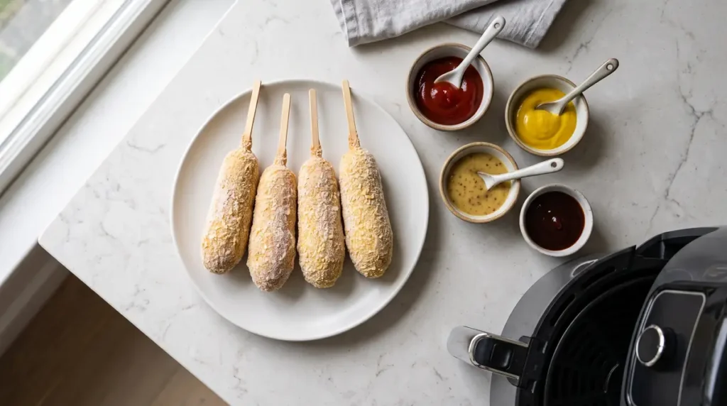 Four uncooked corn dogs on a white plate with four dipping sauces and an air fryer on a marble countertop