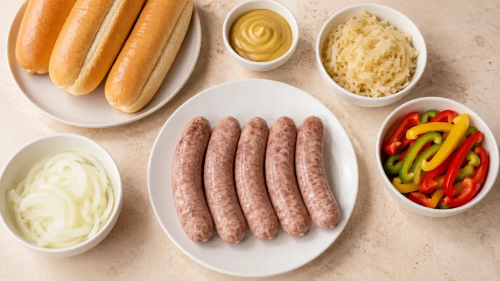 Five uncooked sausages on a plate with hot dog buns, mustard, sliced onions, sauerkraut, and bell peppers