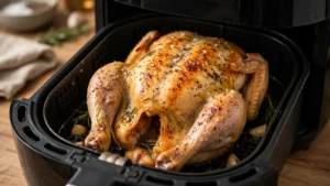 Air Fryer Rotisserie Chicken (Juicy with Crispy Skin) 6 Whole roasted chicken inside an air fryer basket seasoned with herbs