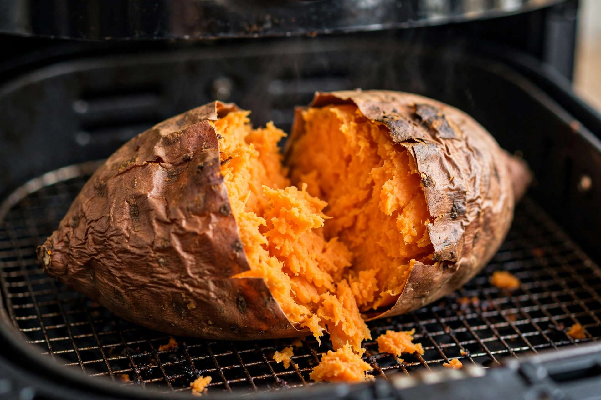 Whole air fryer sweet potatoes with soft tender centers and roasted skins
