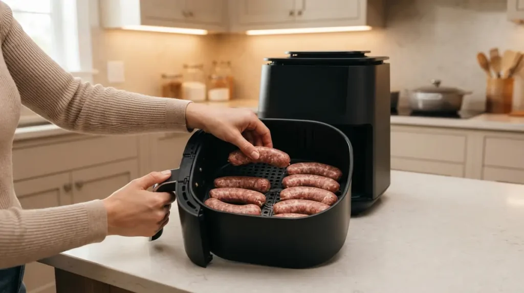 Hands placing raw sausages inside an air fryer basket in a kitchen