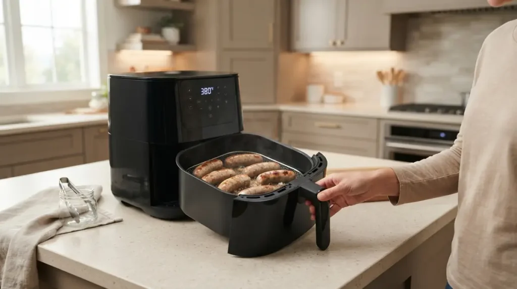 Woman holding an air fryer basket with cooked sausages in a modern kitchen