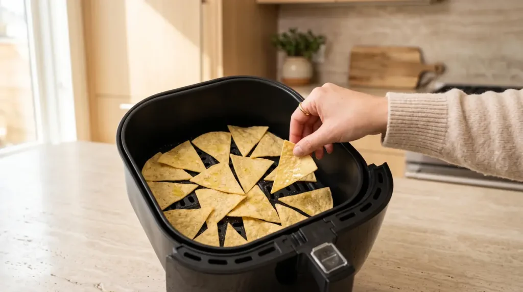 Air Fryer Tortilla Chips (Crispy & Easy Homemade) 4 Hand putting tortilla chips into an air fryer basket on a kitchen counter