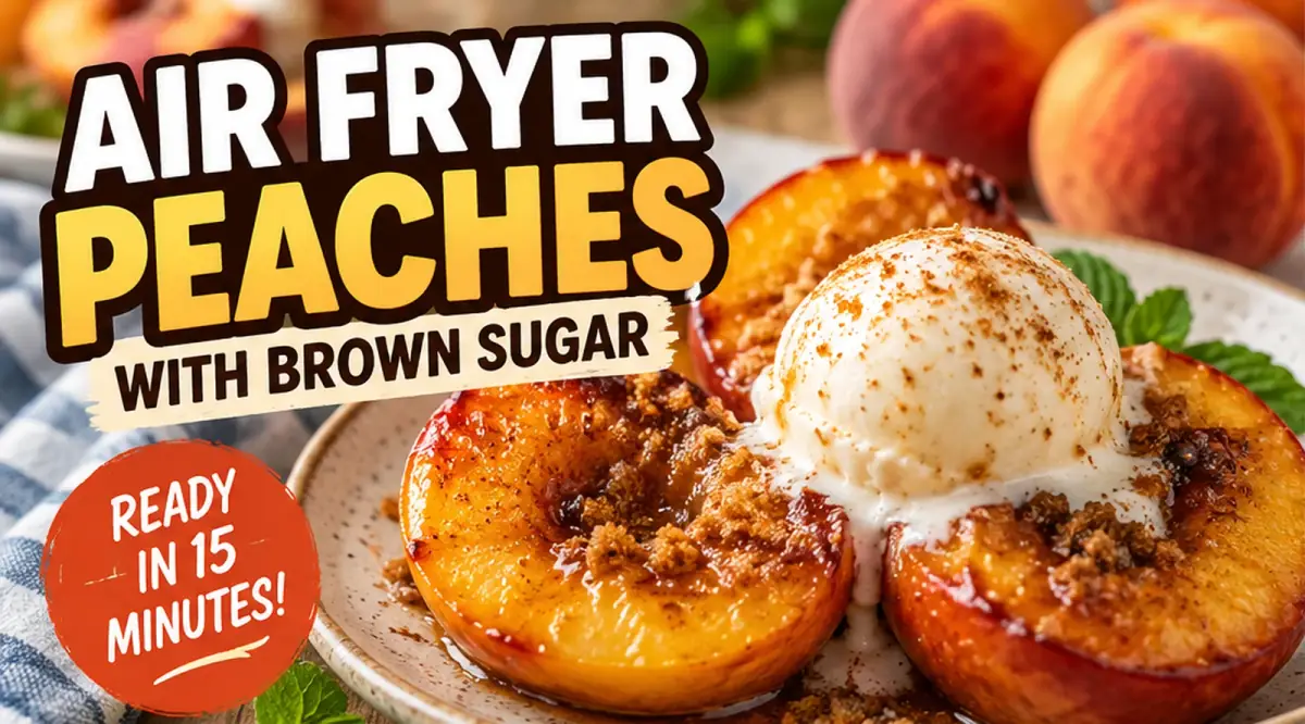 Air Fryer Peaches with Brown Sugar and Cinnamon 1 Caramelized air fryer peach halves topped with vanilla ice cream, with Air Fryer Peaches and brown sugar headline text.
