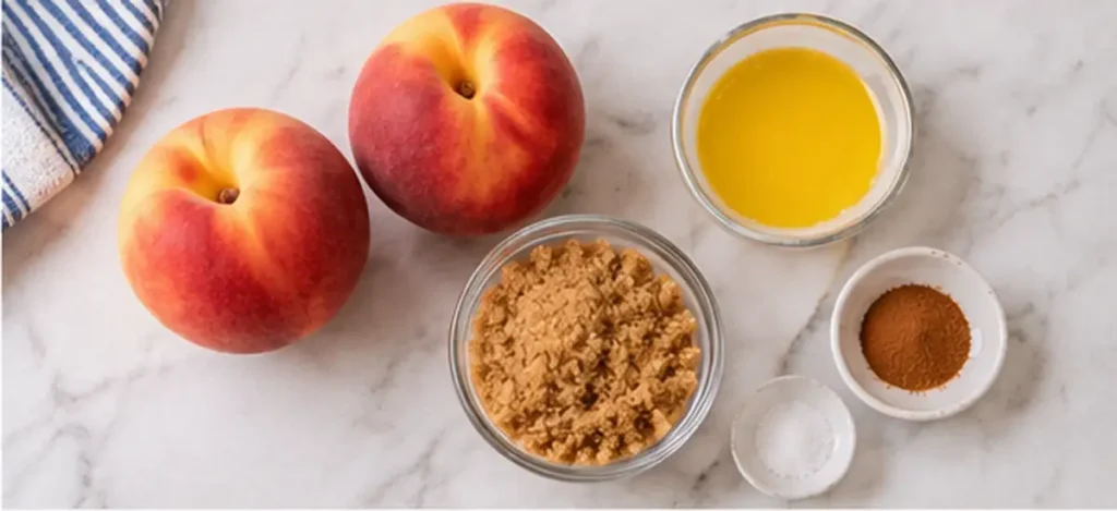 Air Fryer Peaches with Brown Sugar and Cinnamon 2 Two fresh peaches beside melted butter, brown sugar, ground cinnamon, and a small bowl of salt on a light countertop.