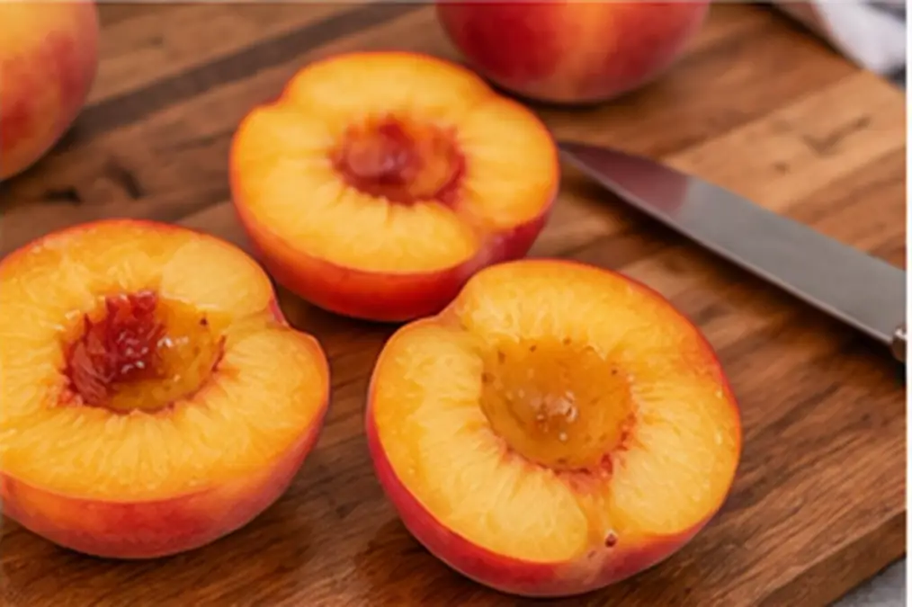 Air Fryer Peaches with Brown Sugar and Cinnamon 3 Fresh peaches cut into halves with the pits removed on a wooden cutting board beside a kitchen knife.