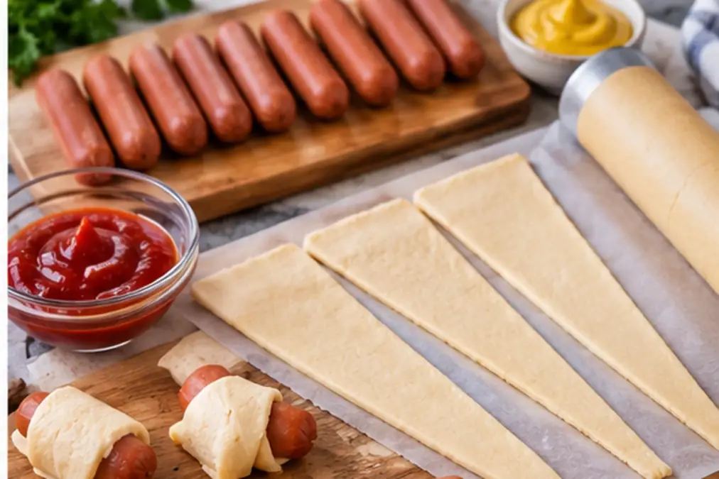 Cocktail sausages and crescent dough prepared for air fryer pigs in a blanket.