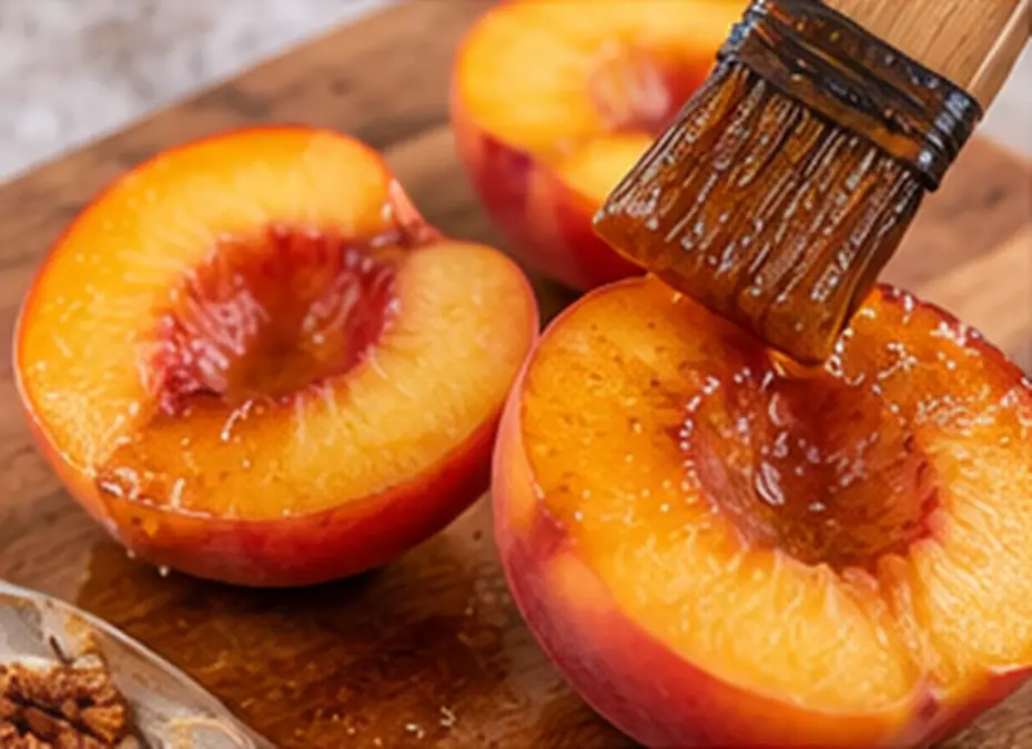 Air Fryer Peaches with Brown Sugar and Cinnamon 4 Pastry brush spreading a buttery cinnamon and brown sugar glaze over the cut surface of a peach half.