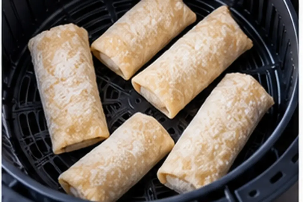 Frozen Egg Rolls in Air Fryer: Crispy in 10–12 Minutes 5 Frozen egg rolls arranged in a single layer in an air fryer basket.