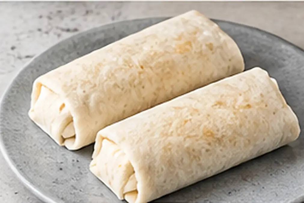 Two frozen burritos ready to cook in an air fryer.