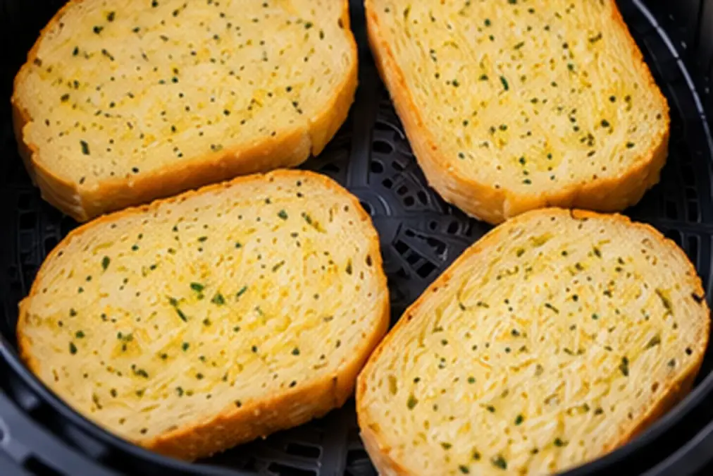 Frozen Texas toast arranged in a single layer in an air fryer basket.