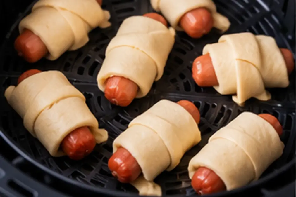 Wrapped pigs in a blanket arranged in a single layer in an air fryer basket.