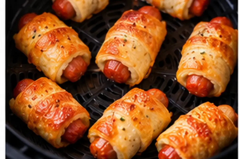 Golden pigs in a blanket cooked in an air fryer.