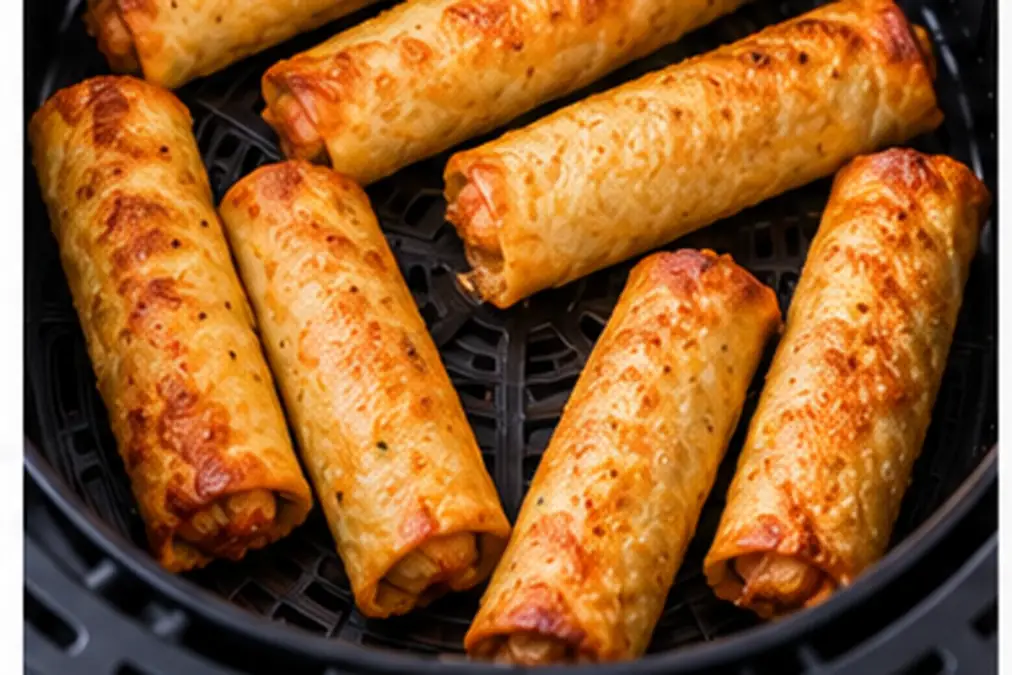 Frozen Taquitos in Air Fryer: Crispy in 8–10 Minutes 2 Golden crispy frozen taquitos cooked in an air fryer.