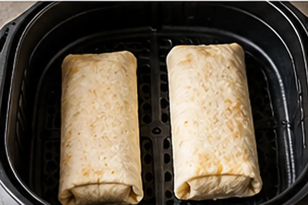 Frozen burritos arranged in a single layer in an air fryer basket.