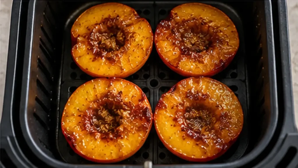 Air Fryer Peaches with Brown Sugar and Cinnamon 5 Four glazed peach halves arranged cut-side up in a single layer inside a black air fryer basket.