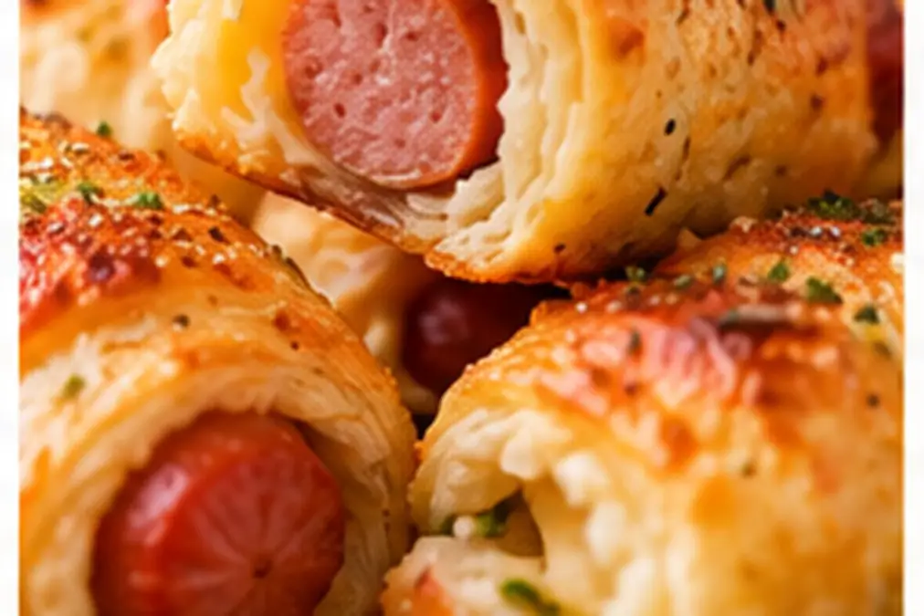 Air fryer pigs in a blanket cut open to show cooked crescent dough around the sausage.