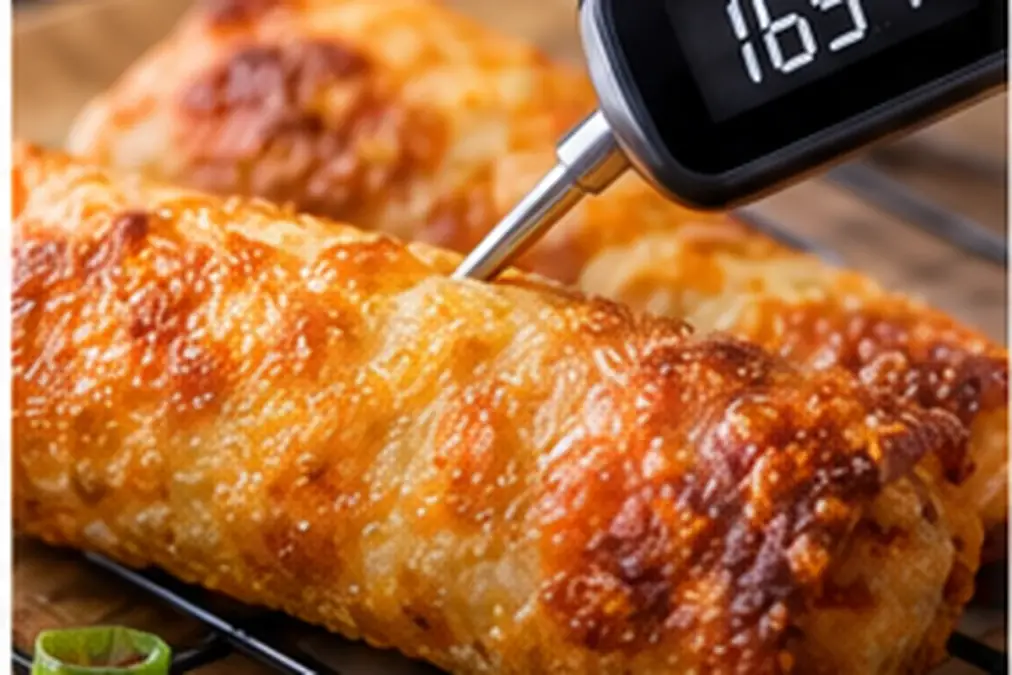 Frozen Egg Rolls in Air Fryer: Crispy in 10–12 Minutes 8 Checking the center temperature of an air fryer egg roll.