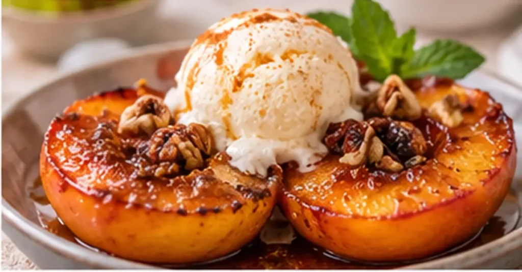 Air Fryer Peaches with Brown Sugar and Cinnamon 8 Two warm caramelized peach halves on a plate with vanilla ice cream, chopped pecans, and cinnamon.