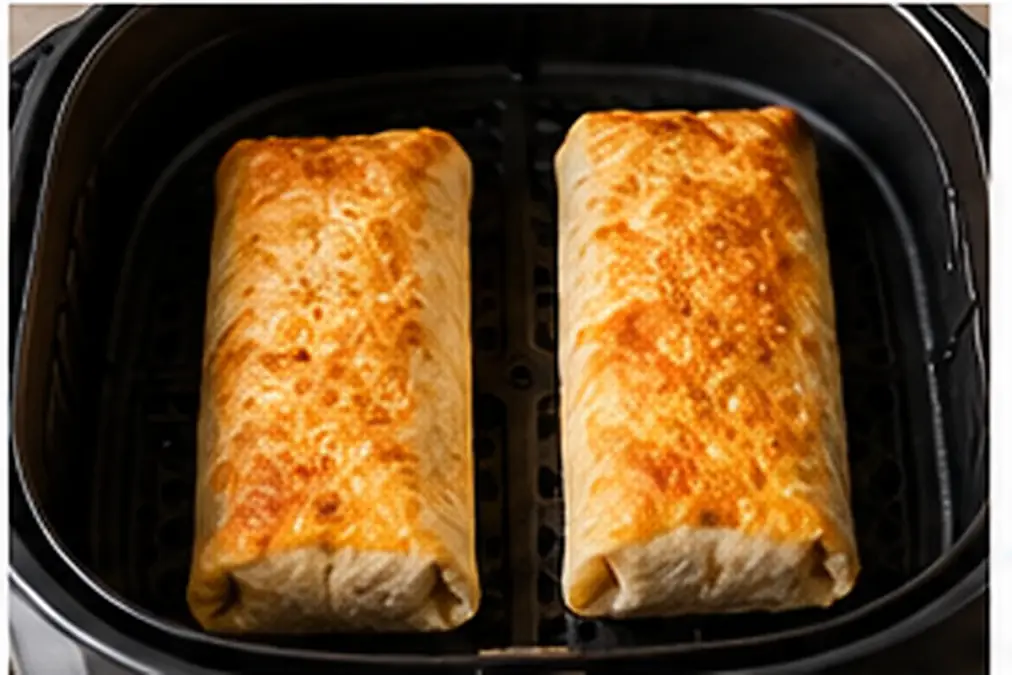 Golden crisp frozen burritos cooked in an air fryer.