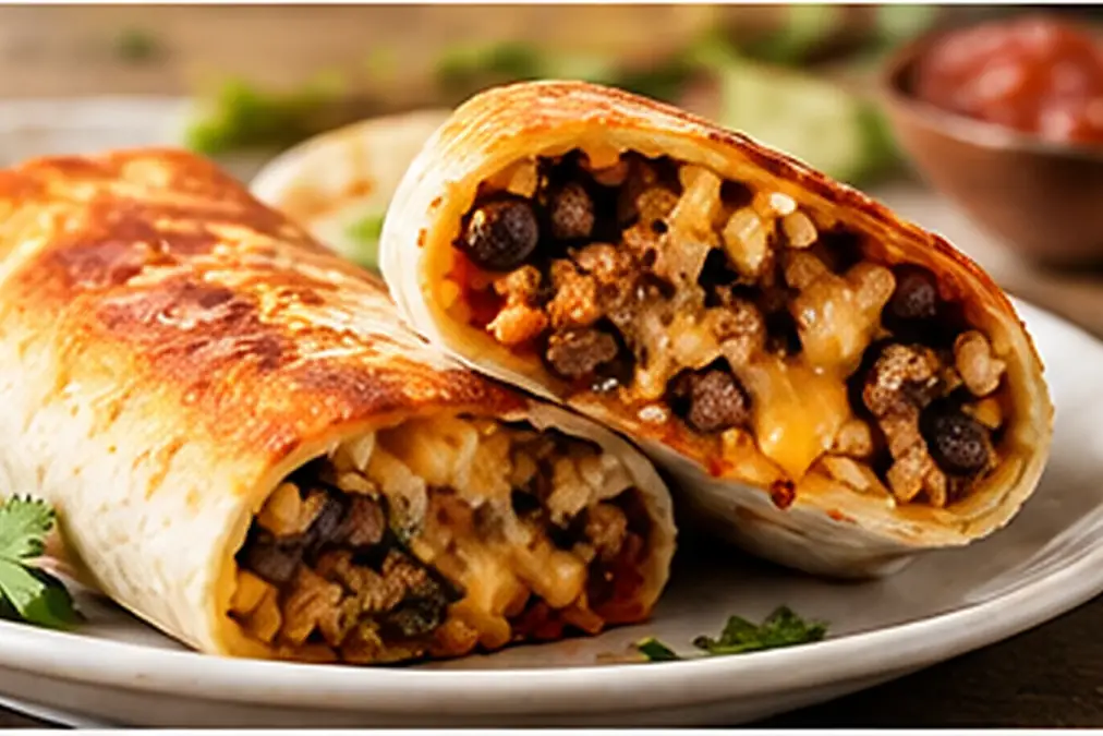 Air fried burrito cut open to show the hot center.