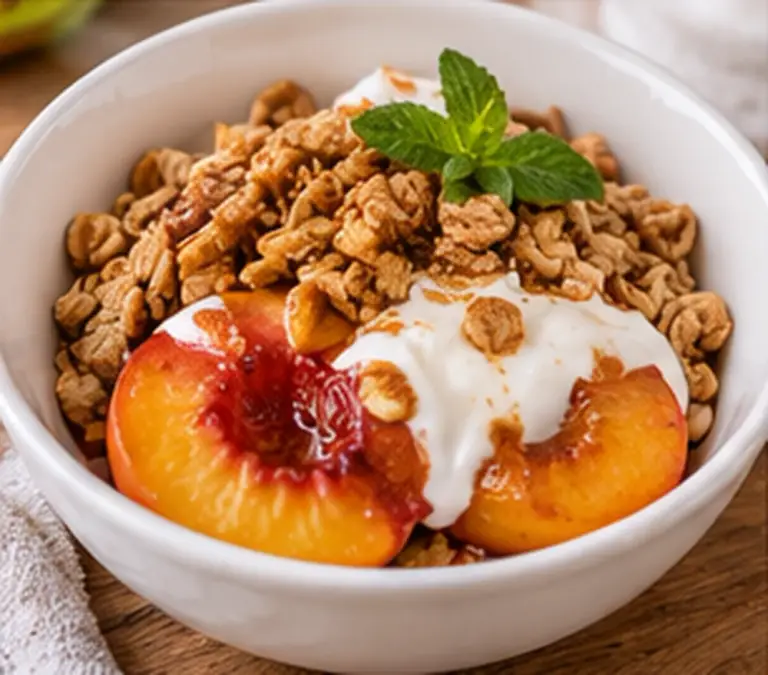 Air Fryer Peaches with Brown Sugar and Cinnamon 7 Caramelized peach halves in a white bowl topped with yogurt, crunchy granola, and a sprig of mint.