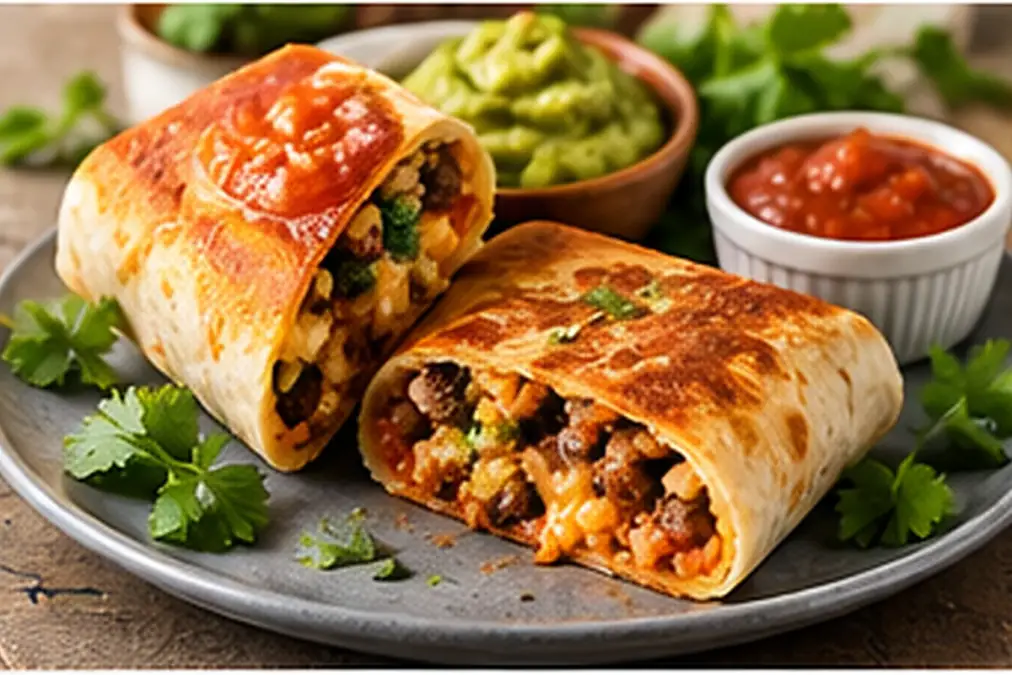 Air fryer burritos served with salsa and guacamole.