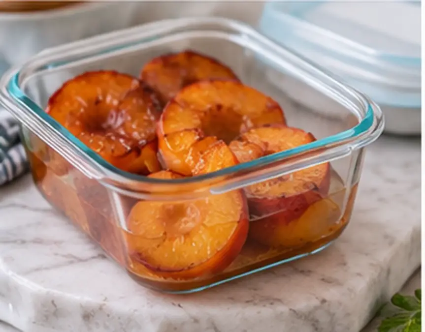Air Fryer Peaches with Brown Sugar and Cinnamon 9 Cooked caramelized peach halves kept in a clear glass food storage container with a lid beside it.