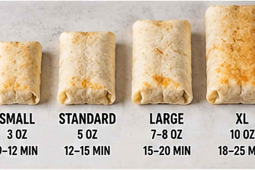 Frozen burrito size comparison with suggested air fryer cooking times.