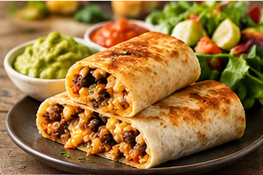 Crispy air fryer frozen burritos served with salsa and guacamole.