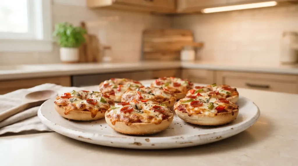 A plate of air fried bagel bites topped with cheese and vegetables.