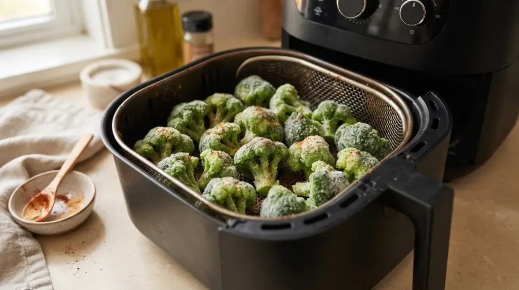 Frozen broccoli in the air fryer 4 Air-fried seasoned broccoli in an air fryer basket