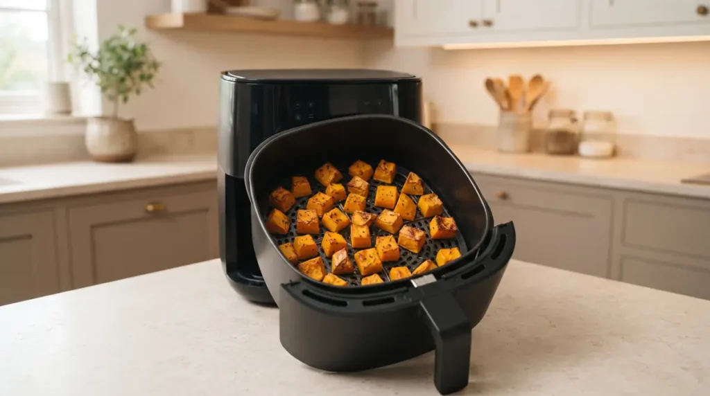 Cooked seasoned pumpkin cubes in an air fryer basket.