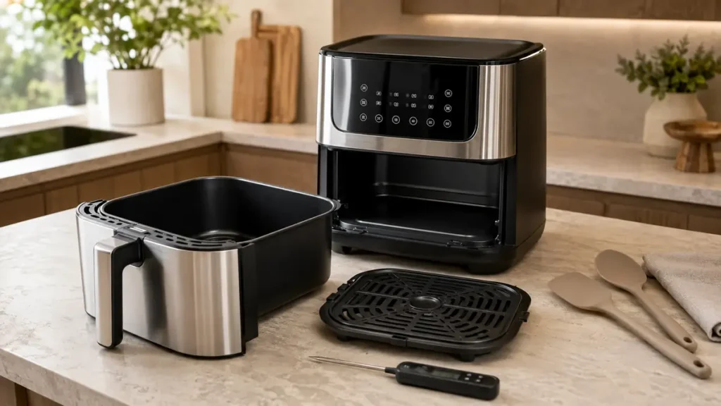 Modern air fryer with detachable basket and accessories on a countertop.