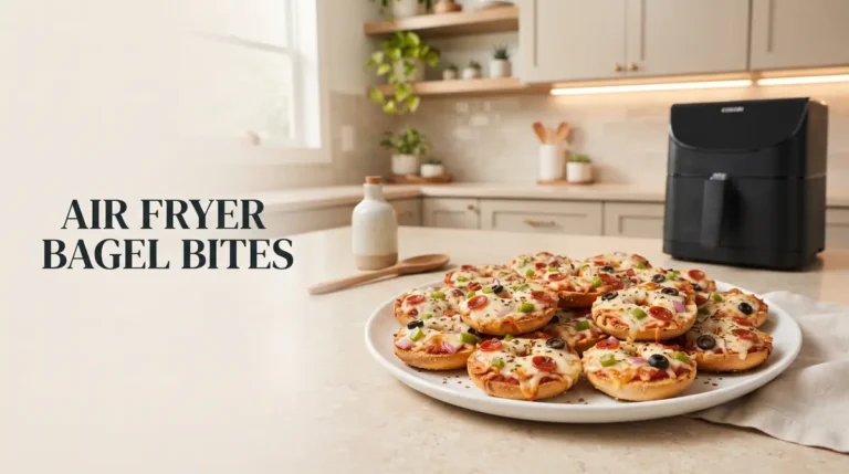 A plate of cooked bagel bites on a kitchen counter.