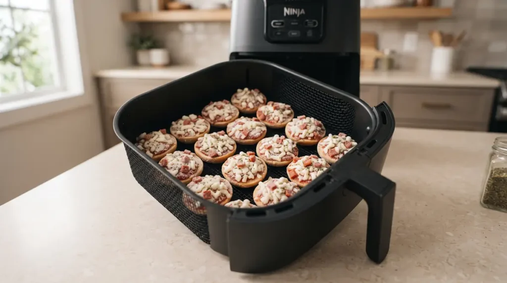 A tray of bagel bites inside an air fryer.