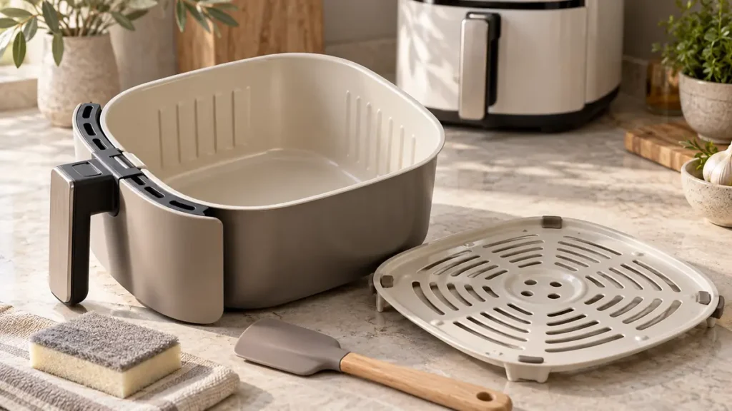 A gray air fryer basket with a removable lid on a kitchen countertop.