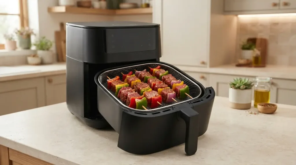 Beef kabobs with vegetables in an air fryer basket on a kitchen countertop.
