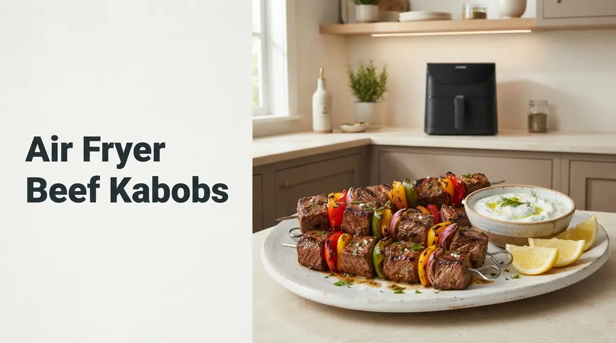 Delicious beef kabobs with vegetables served with a side of sauce.