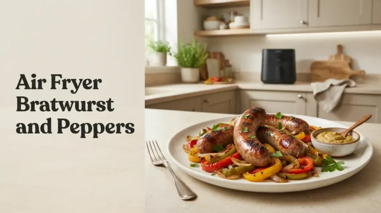 Air Fryer Bratwurst and Peppers 9 Delicious bratwurst with colorful peppers served on a plate
