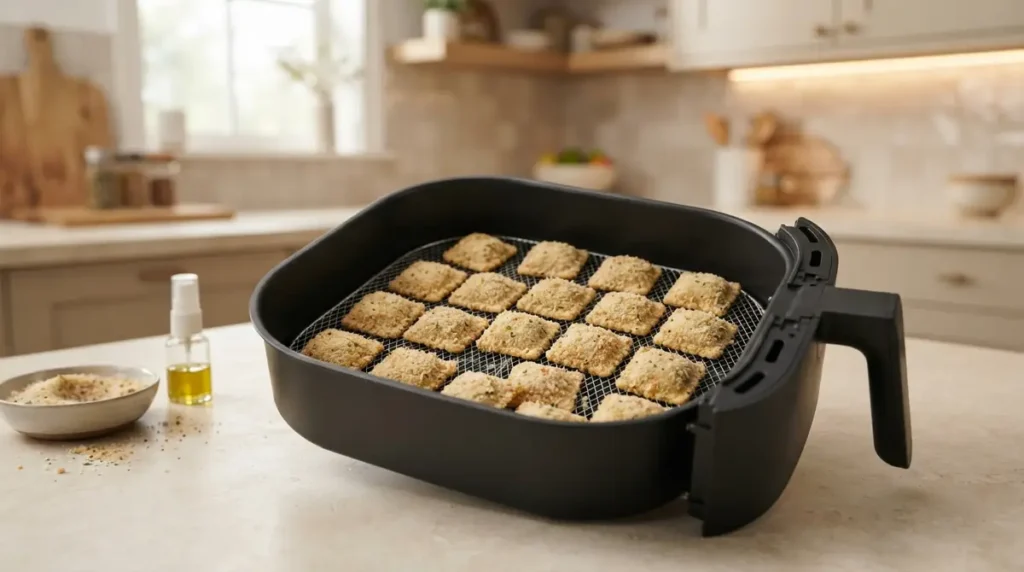 Air Fryer Ravioli Bites: Crispy & Cheesy in 10 Minutes 4 Breaded ravioli arranged in an air fryer basket on a kitchen countertop.