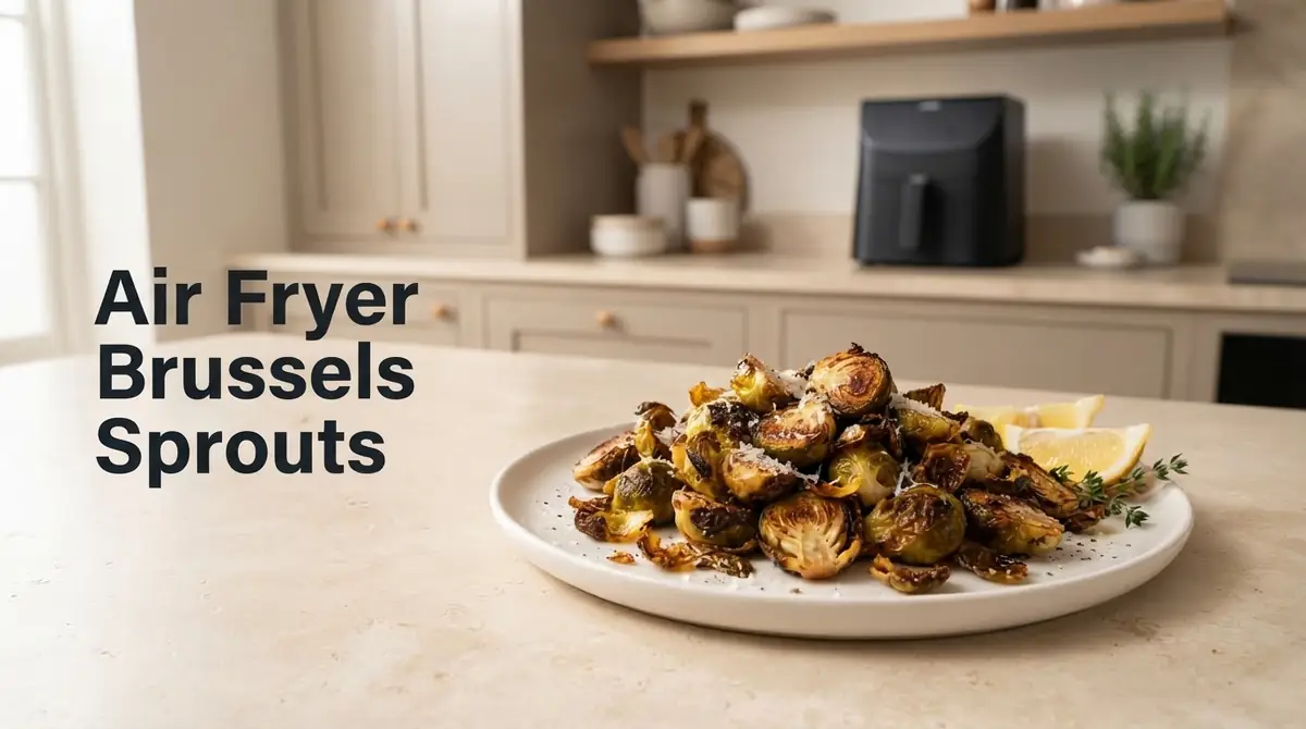Delicious air fried Brussels sprouts served on a plate with lemon slices.