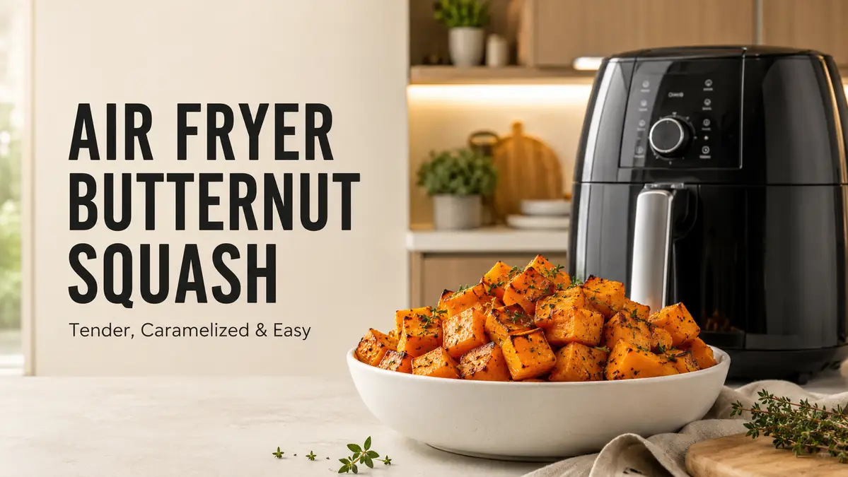 A bowl of cooked butternut squash with herbs next to an air fryer